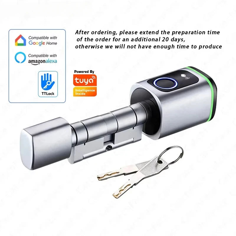 Custom Size Tuya or TTLock APP Fingerprint RFID Card Bluetooth Cylinder Smart Door Lock Electronic Home Replacement